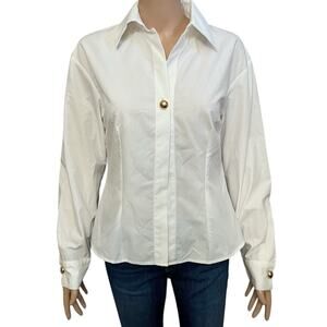 Commense Gold Button Poplin Shirt Medium White Long Sleeve Fly Away Front